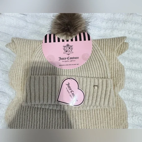 Juicy Couture Beige Knit Beanie and Scarf Set